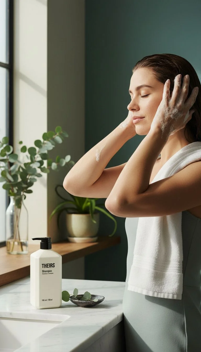 Beauty and shampoo lifestyle example in a green bathroom