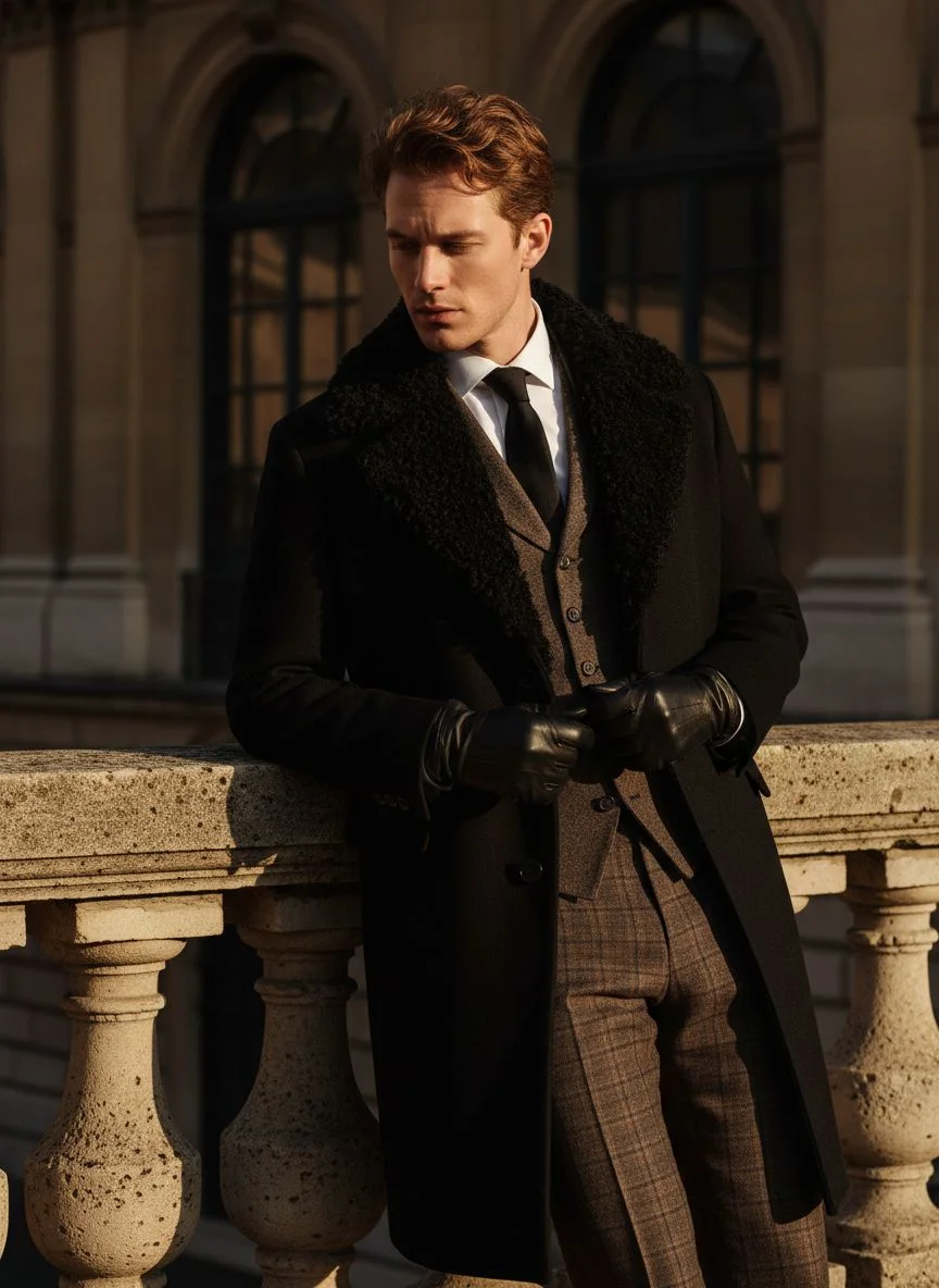Model wearing brown tailoring and a long black coat in architectural sunlight