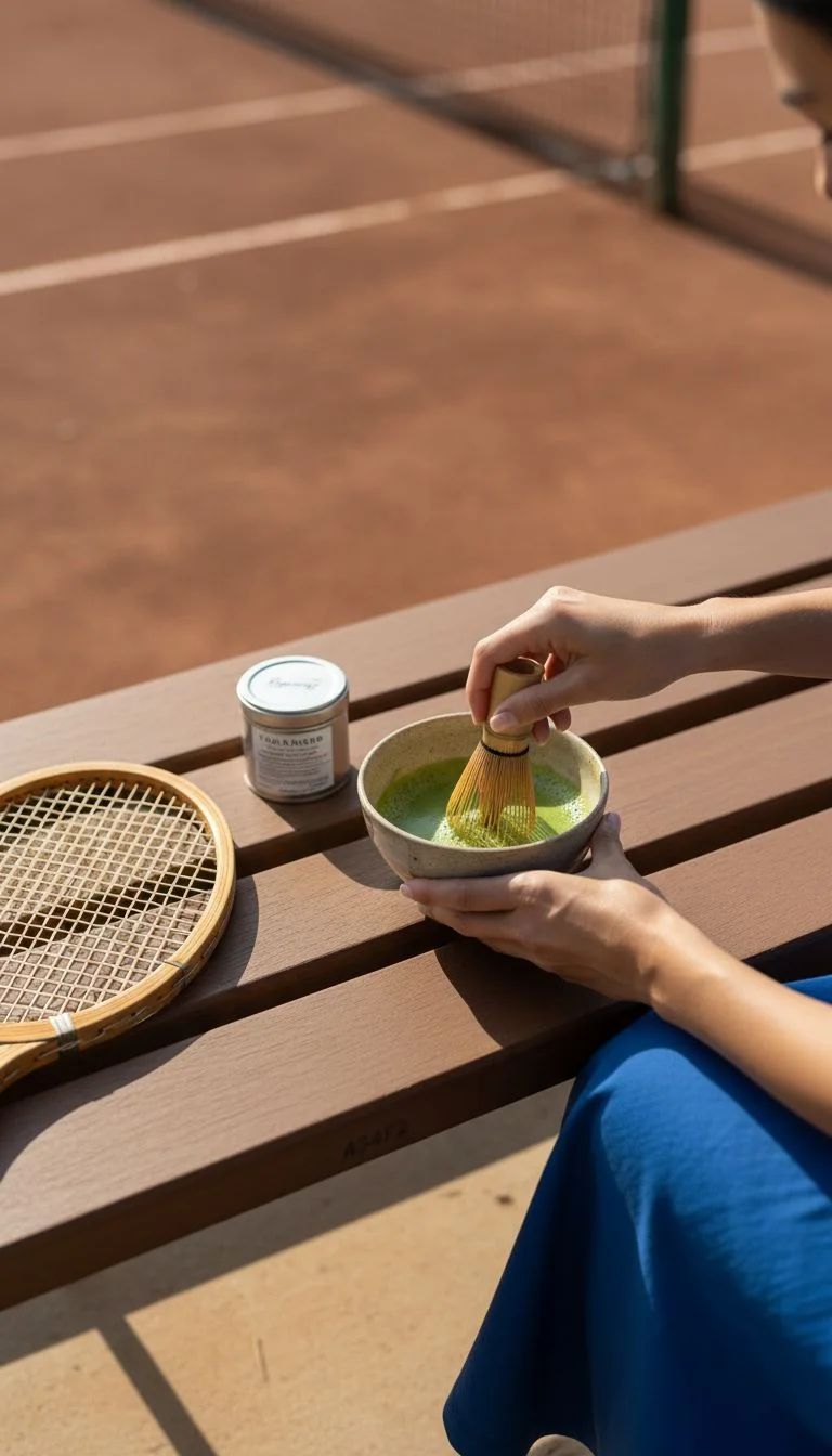 Matcha ritual on a warm tennis-court bench
