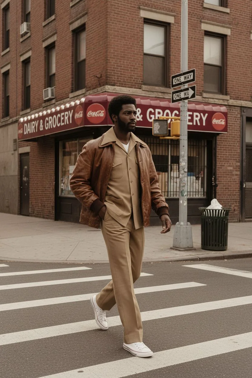 Man in a leather jacket walking through a city street